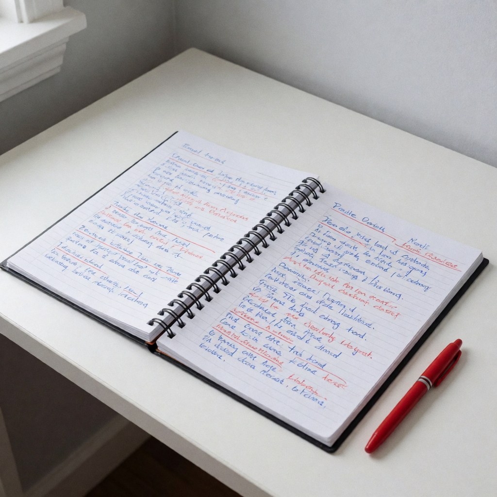Un cahier d'exercices ouvert posé sur un bureau en bois, accompagné d'un stylo bleu, évoquant l'apprentissage des langues et les études académiques.