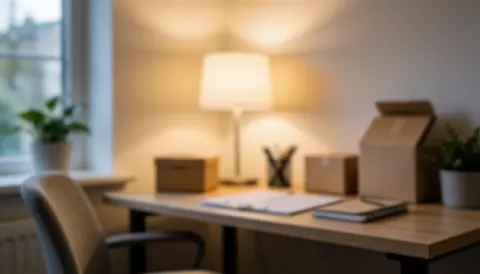 Vue d'un bureau à la maison baigné de lumière naturelle, comprenant une lampe, une plante verte, des livres et une chaise sur un fond flou.
