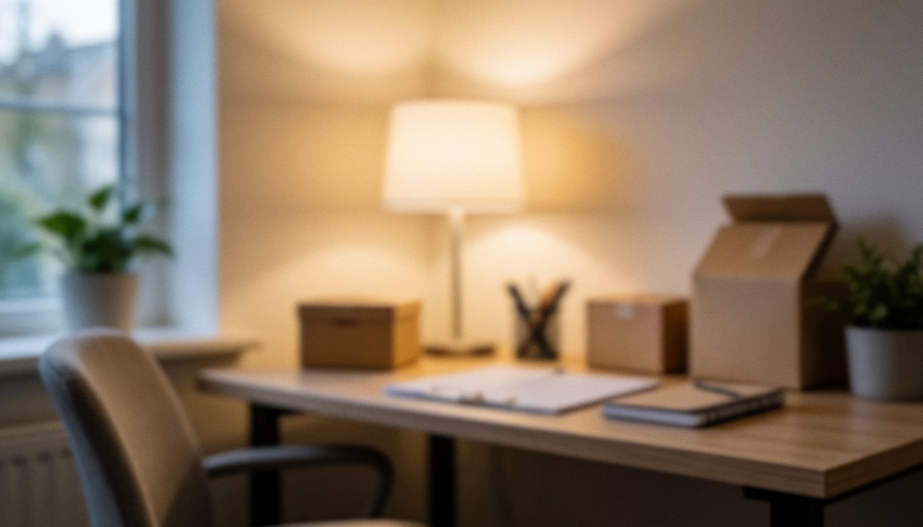 Vue d'un bureau à la maison baigné de lumière naturelle, comprenant une lampe, une plante verte, des livres et une chaise sur un fond flou.