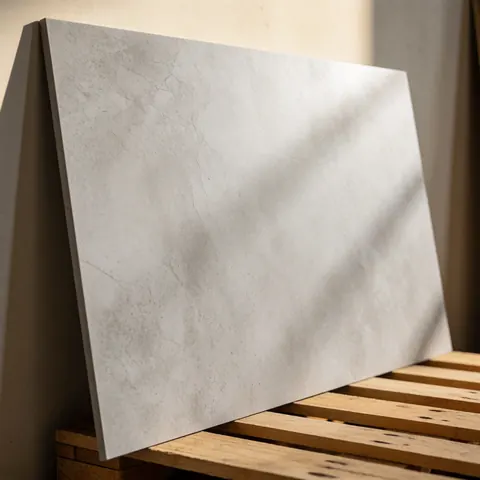 Plaque de céramique à effet béton posée sur une palette en bois, éclairage chaud et ombre marquée, idéale pour construction et design intérieur.