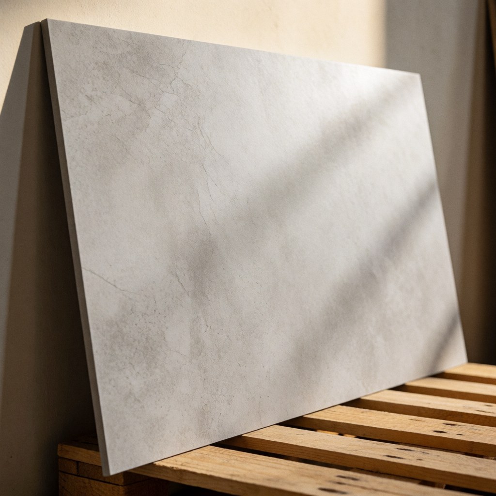 Plaque de céramique à effet béton posée sur une palette en bois, éclairage chaud et ombre marquée, idéale pour construction et design intérieur.