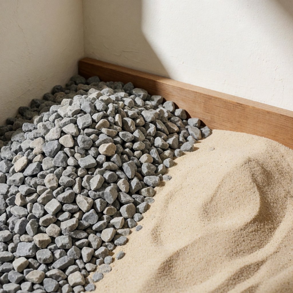 Montagne de gravier à côté d'un tas de sable sur un sol en terre battue, éclairage naturel créant des ombres marquées.