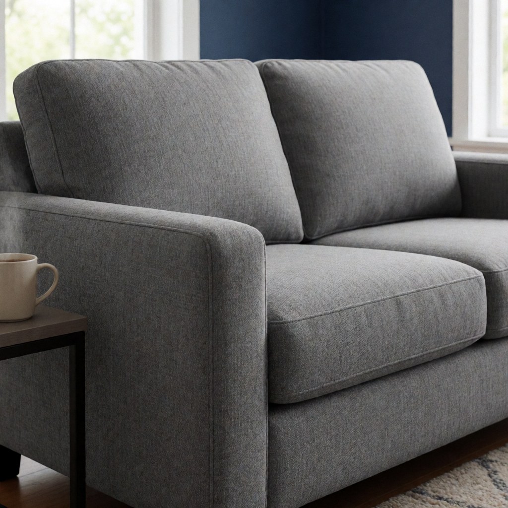 Un canapé gris au tissu texturé est placé dans un salon moderne avec un mur bleu marine, une tasse sur une table d'appoint et une lumière naturelle.
