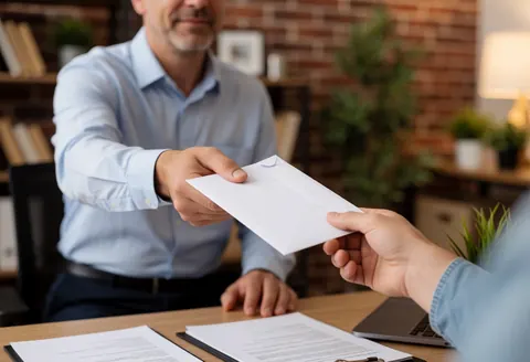 Un agent professionnel remet un enveloppe blanche à un client dans un bureau moderne avec murs en briques, plantes vertes et éclairage chaleureux.