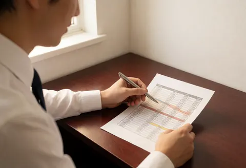 Un conseiller financier en bureau examine un document de paiement avec un stylo sur une table en bois éclairée par la lumière naturelle d'une fenêtre.