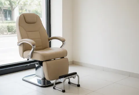 Chaise de manucure beige avec repose-pieds près d'une fenêtre baignée de lumière naturelle, sol blanc et murs blancs, salon de beauté prêt à ouvrir.