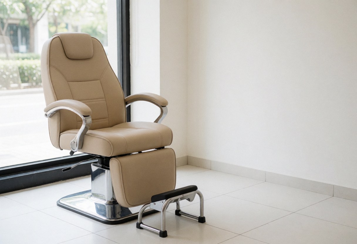 Chaise de manucure beige avec repose-pieds près d'une fenêtre baignée de lumière naturelle, sol blanc et murs blancs, salon de beauté prêt à ouvrir.