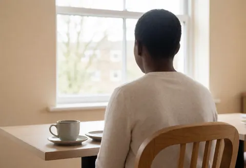 Vue d'une personne assise tranquillement à une table en bois, profitant d'un moment de détente avec une tasse et un plateau, baignée par la lumière naturelle entrant par une grande fenêtre.