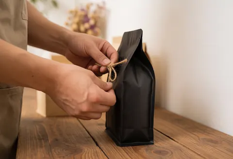 Mains de barista nouant un sac de café avec de la corde de jute sur une table en bois, fond flou avec fleurs séchées et lumière chaude.
