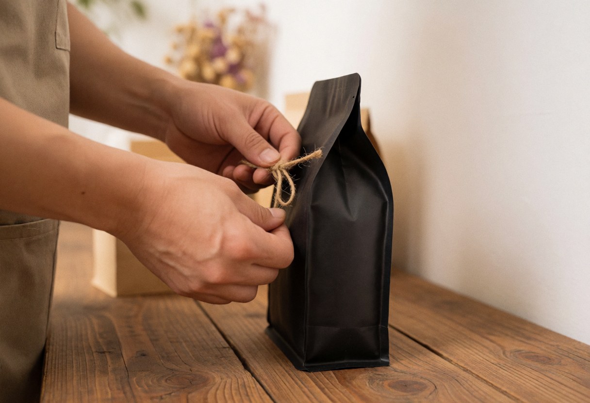 Mains de barista nouant un sac de café avec de la corde de jute sur une table en bois, fond flou avec fleurs séchées et lumière chaude.