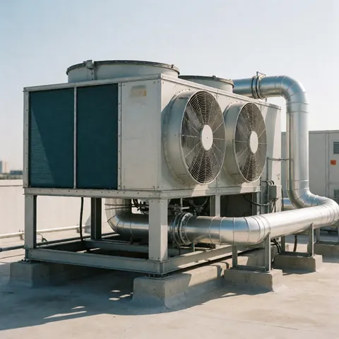 Unité de climatisation industrielle installée sur un toit, avec des tuyaux métalliques et des ventilateurs sous un soleil brillant projetant des ombres nettes sur le béton.