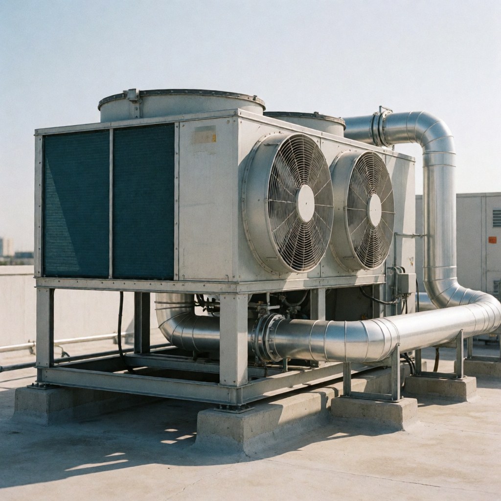 Unité de climatisation industrielle installée sur un toit, avec des tuyaux métalliques et des ventilateurs sous un soleil brillant projetant des ombres nettes sur le béton.