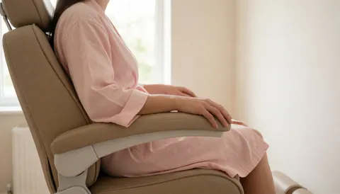 Une cliente est assise confortablement sur une chaise dans un salon de beauté propre et lumineux, recevant des soins des mains.
