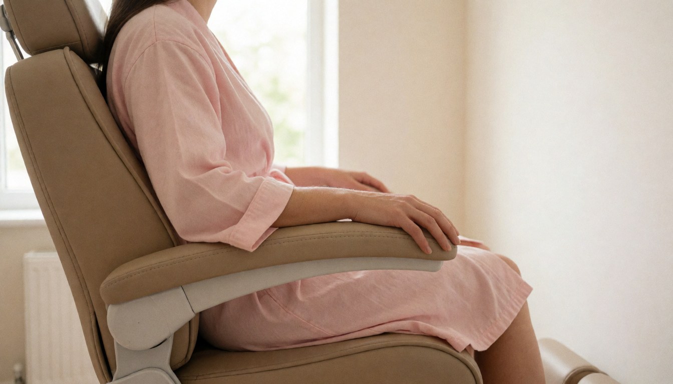Une cliente est assise confortablement sur une chaise dans un salon de beauté propre et lumineux, recevant des soins des mains.