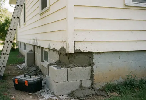 Travaux de réparation de fondations de maison utilisant des blocs de béton et du mortier frais, avec une échelle et une boîte à outils dans le jardin sous lumière naturelle.