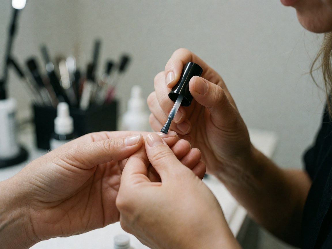 Gros plan montrant l'application minutieuse d'un top coat transparent sur une ongle avec un pinceau fin, sur fond gris flou.