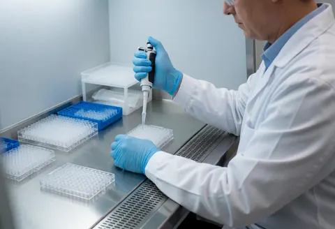 Un technicien en laboratoire clinique pipette une échantillon avec précision sur une microplaque, portant des gants bleus et une blouse blanche sur un plan de travail métallique propre.