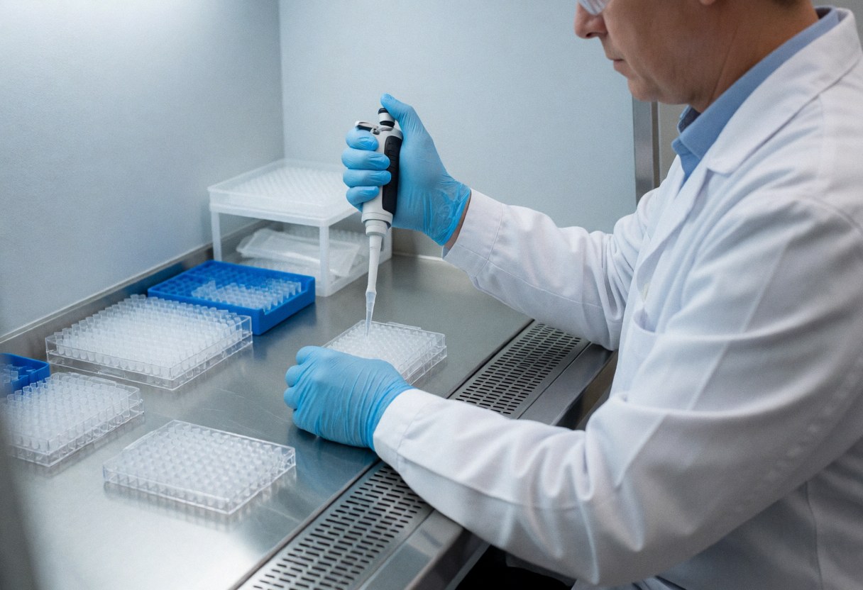 Un technicien en laboratoire clinique pipette une échantillon avec précision sur une microplaque, portant des gants bleus et une blouse blanche sur un plan de travail métallique propre.