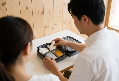 Un consultant aide un client à préparer son kit de voyage avec du solaire dans une valise ouverte sur une table blanche, fond bois clair et lumière naturelle.