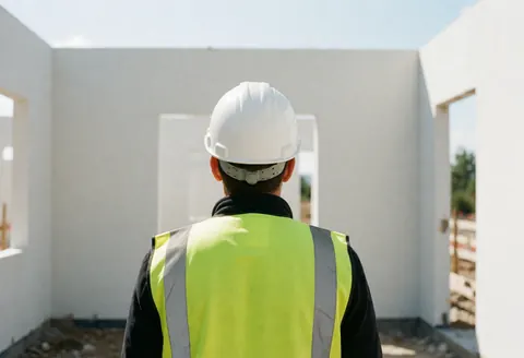 Vue arrière d'un agent immobilier portant casque blanc et gilet réfléchissant observant la structure d'un bâtiment en construction sous un soleil éclatant.