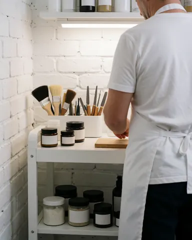 Un technicien des ongles range des outils et des produits sur un chariot blanc devant un mur de briques blanches dans un environnement propre et professionnel.