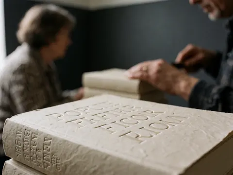 Vue rapprochée de la couverture d'un livre avec un titre en relief, posé sur une surface en papier texturé dans une librairie.