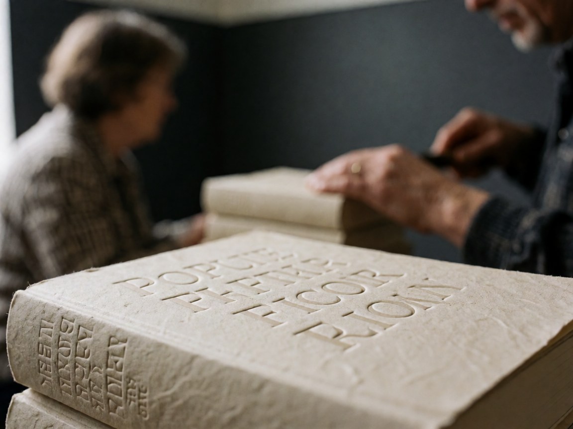 Vue rapprochée de la couverture d'un livre avec un titre en relief, posé sur une surface en papier texturé dans une librairie.