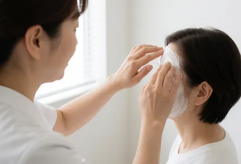 Un thérapeute applique avec précision un masque blanc sur le front d'une cliente dans un cadre lumineux et professionnel.