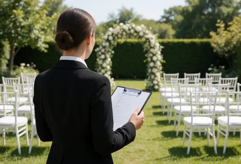 Une planificatrice de mariage en blazer noir tient une liste de contrôle et observe le jardin avec chaises et arche florales prêtes pour la cérémonie.