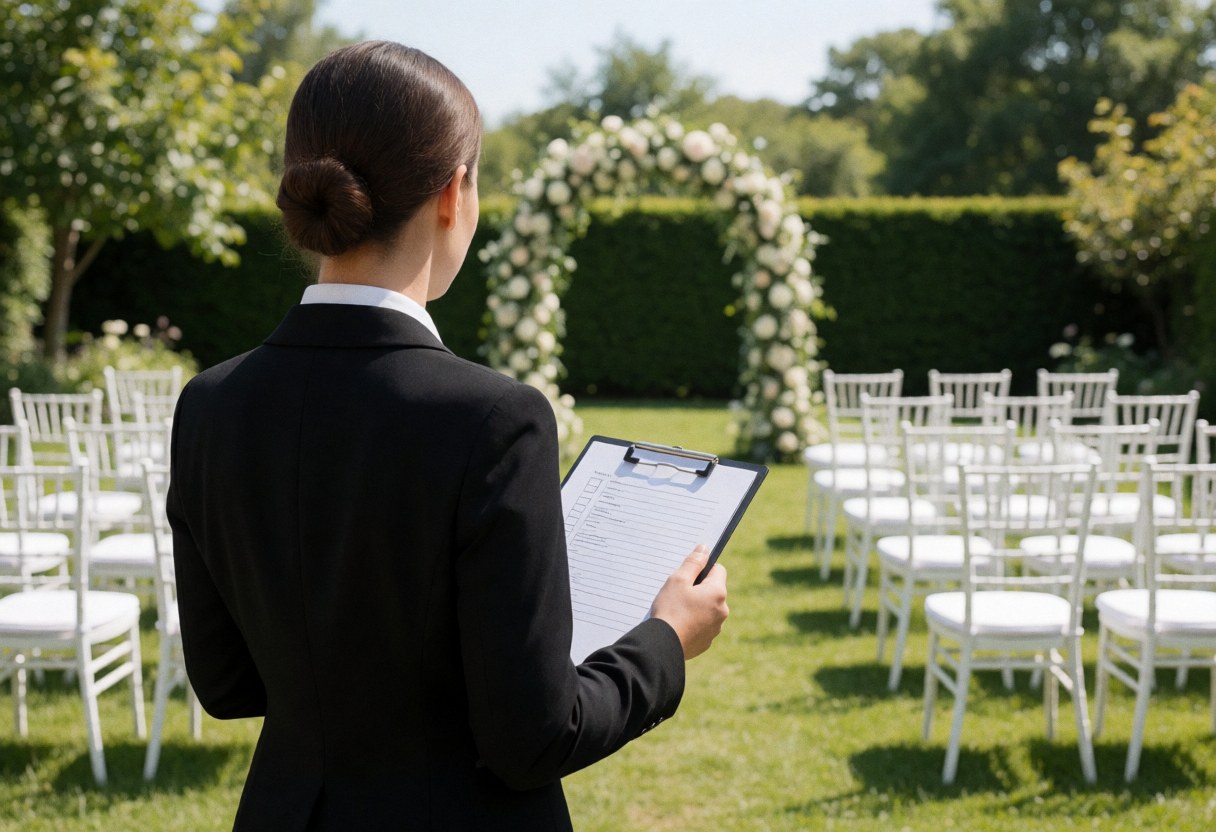 Une planificatrice de mariage en blazer noir tient une liste de contrôle et observe le jardin avec chaises et arche florales prêtes pour la cérémonie.