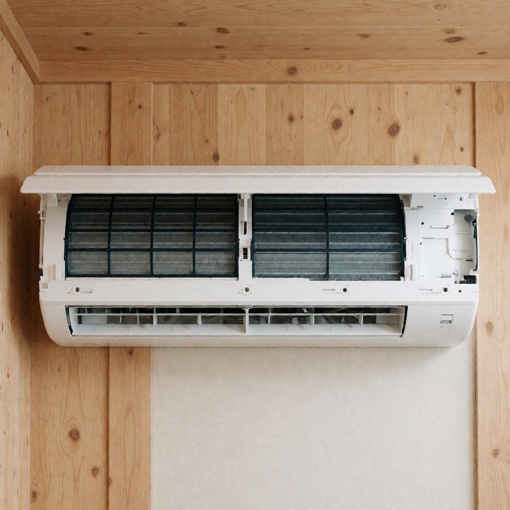 Vue rapprochée de filtres à air blancs et propres installés sur les serpentins d'une unité intérieure de système de climatisation.
