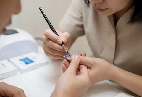 Une manuciste professionnelle peint délicatement un motif floral bleu sur une ongle naturel, avec une lampe UV et de l'alcool en arrière-plan.