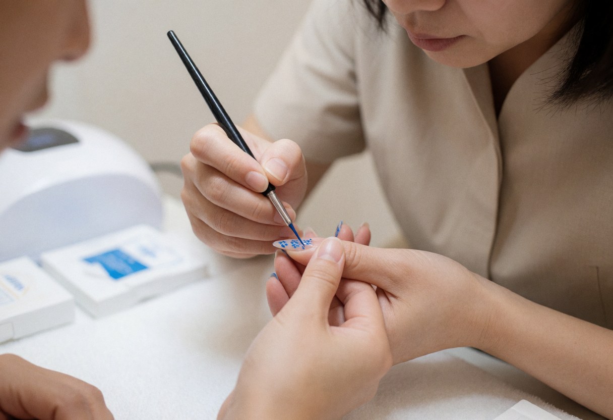 Une manuciste professionnelle peint délicatement un motif floral bleu sur une ongle naturel, avec une lampe UV et de l'alcool en arrière-plan.