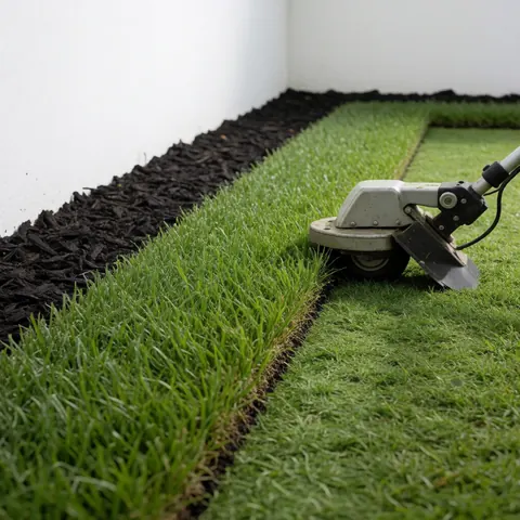 Tondeuse à gazon professionnelle utilisée récemment laissant une bande d'herbe verte nette et droite le long d'un bord de paillis sombre, mur blanc et éclairage vif.
