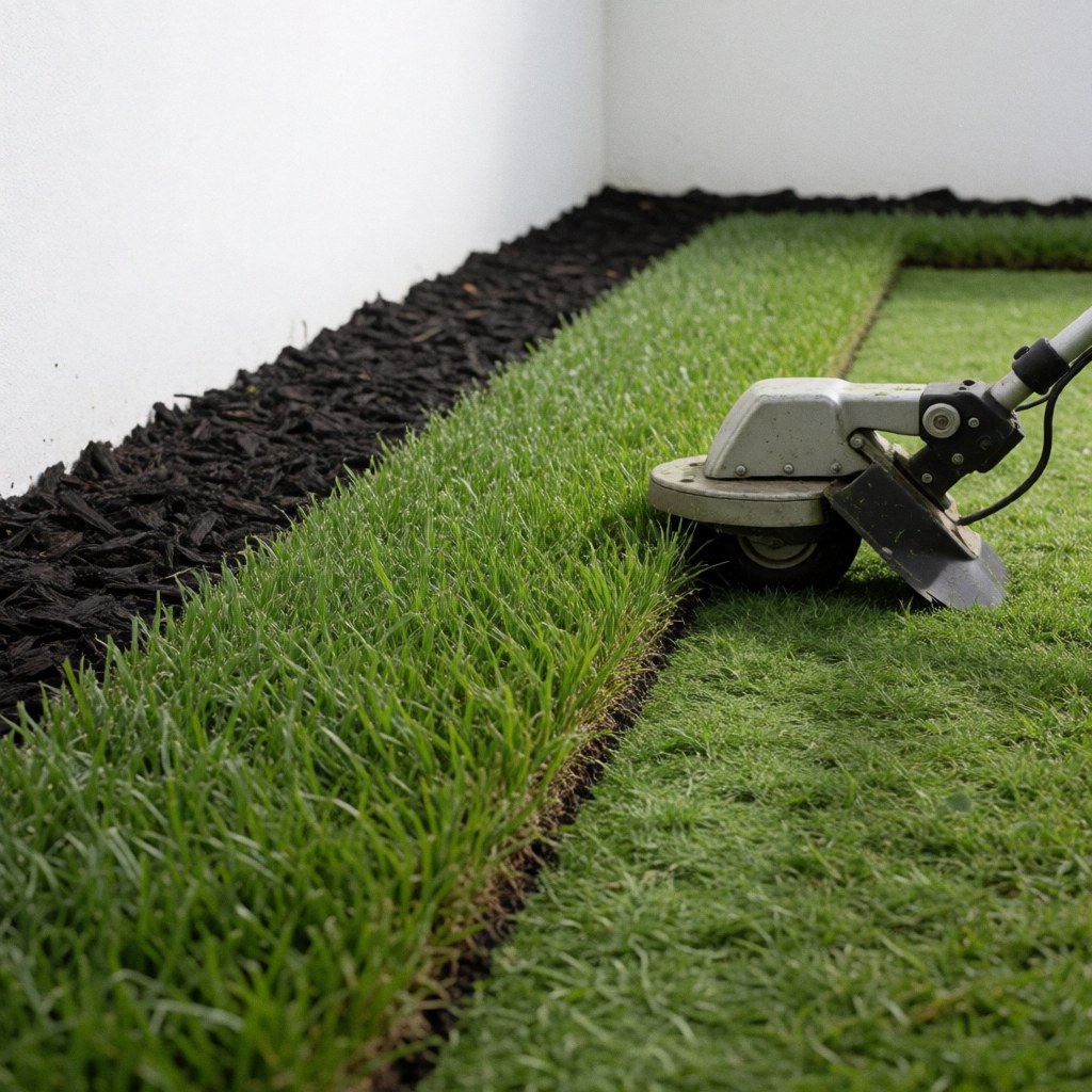 Tondeuse à gazon professionnelle utilisée récemment laissant une bande d'herbe verte nette et droite le long d'un bord de paillis sombre, mur blanc et éclairage vif.