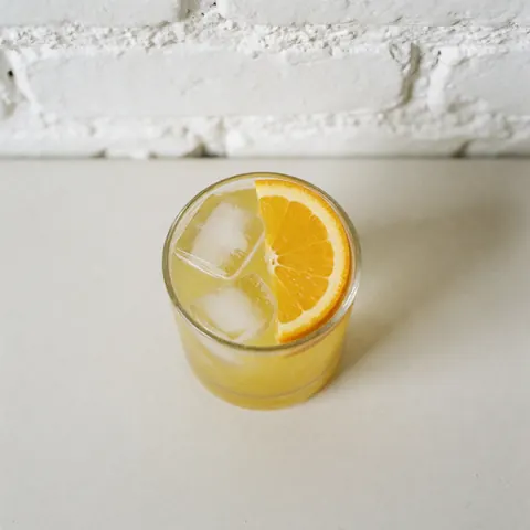 Un cocktail rafraîchissant servi dans un verre à rocks, garni de glaçons et d'une tranche d'orange fraîche sur fond neutre.