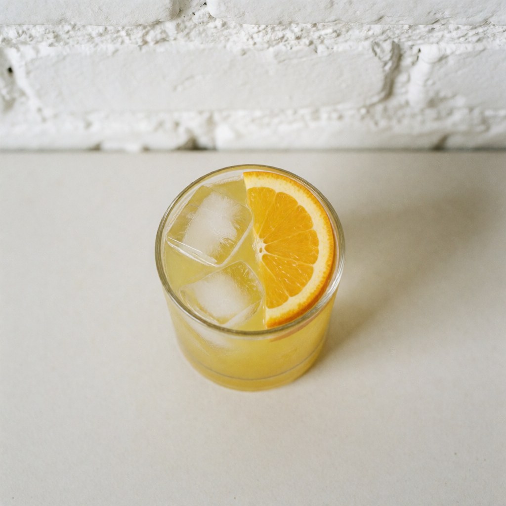 Un cocktail rafraîchissant servi dans un verre à rocks, garni de glaçons et d'une tranche d'orange fraîche sur fond neutre.