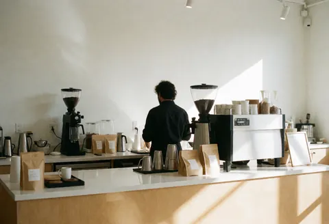 Un barista prépare du café dans un café moderne éclairé par la lumière naturelle, avec machine à café, moulin et tasses disposés sur une table organisée.