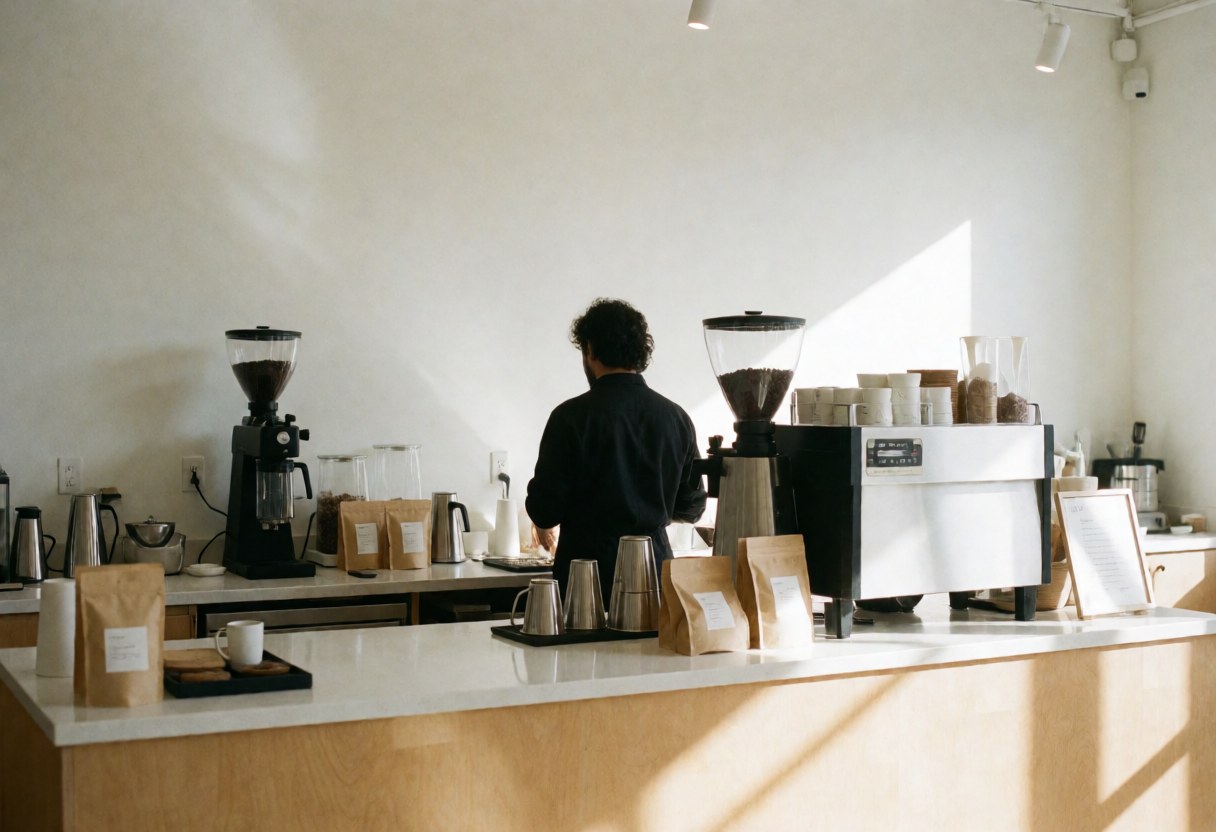 Un barista prépare du café dans un café moderne éclairé par la lumière naturelle, avec machine à café, moulin et tasses disposés sur une table organisée.