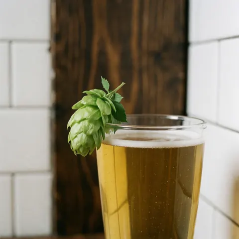 Garniture de houblon frais posée sur le bord d'un verre contenant une boisson dorée, servant de décoration pour un cocktail ou une bière artisanale.