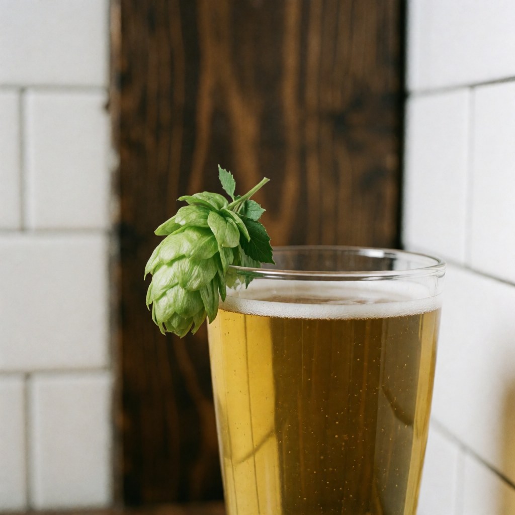 Garniture de houblon frais posée sur le bord d'un verre contenant une boisson dorée, servant de décoration pour un cocktail ou une bière artisanale.