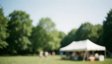 Un fond extérieur lumineux avec des arbres verts et un champ, idéal pour du texte dans un contexte communautaire.