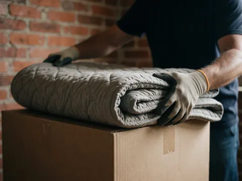 Mains gantées installant une housse protectrice sur une boîte en carton, mettant en valeur la texture du matériau avec un mur de briques rouges en arrière-plan.