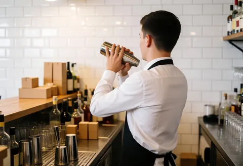 Un bartender de dos travaille derrière le bar, préparant des cocktails avec des bouteilles et des ustensiles dans un établissement aux murs carrelés blancs.
