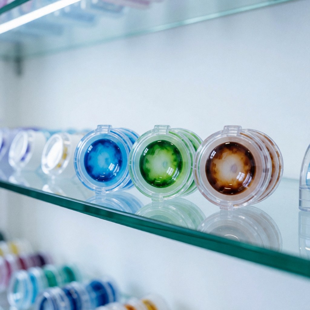 Des lentilles de contact colorées disposées sur des étagères en verre dans une optique moderne, avec un arrière-plan flou montrant d'autres produits de soin visuel.