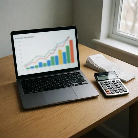 Vue de haut d'un bureau en bois avec un ordinateur portable, une calculatrice, des reçus et des graphiques financiers illustrant l'analyse et la planification.