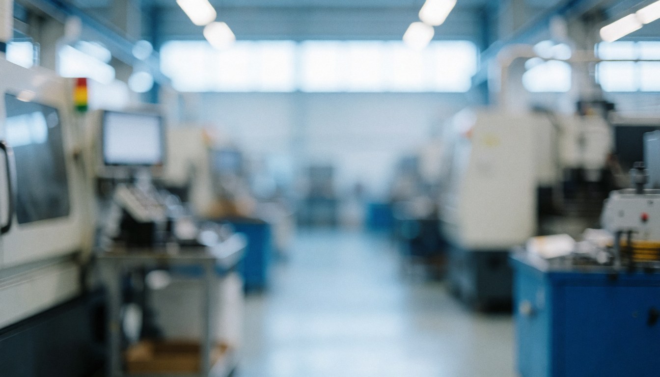 Arrière-plan industriel avec équipements flous, éclairage bleu doux, idéal pour textes professionnels et commerciaux.