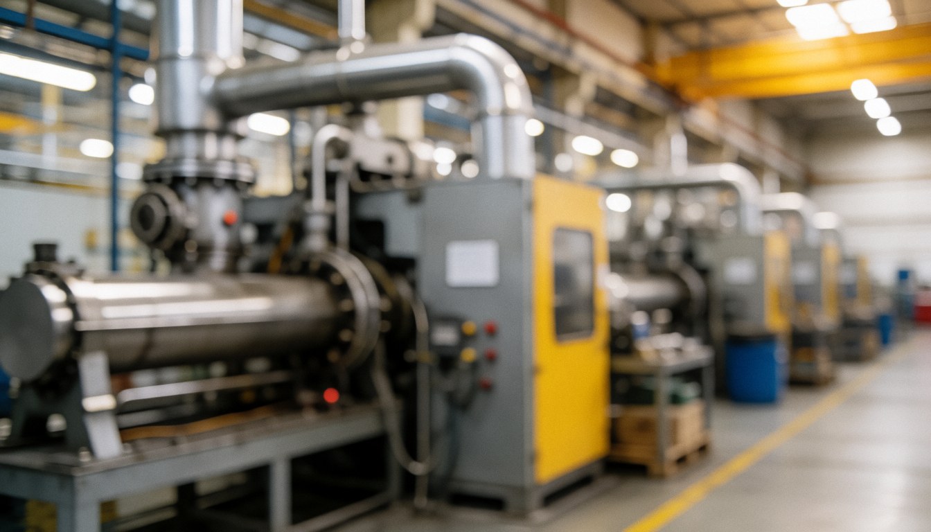 Arrière-plan flou d'une usine avec des tuyaux et des équipements industriels en tons gris et jaune pour textes.