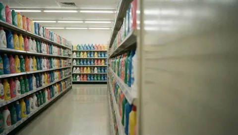 Vue d'une allée bien rangée remplie de bouteilles de détergents et de produits de nettoyage sur des étagères, avec un sol réfléchissant sous un éclairage fluorescent.
