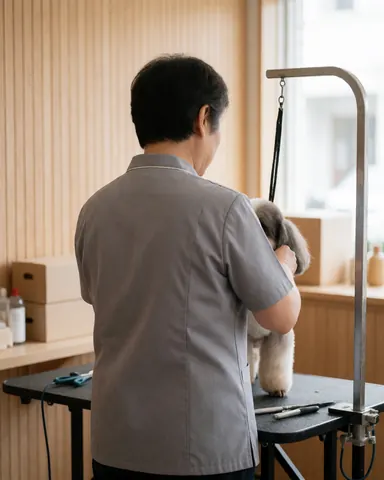 Un groomer examine attentivement la dernière coupe d'un chien dans un salon de toilettage aux murs clairs et à l'éclairage naturel.